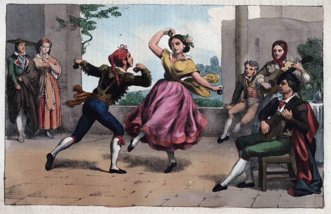 Danza del Bolero y trajes de Granada - grabado de “Usi e Costumi di Tutti i Popoli dell