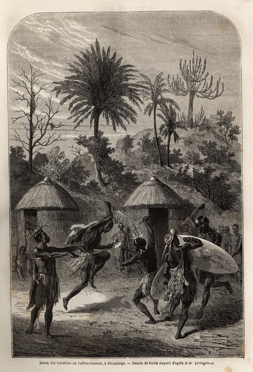 Danza de los Landines o zulúes cafres en Shoupanga (margen derecha del río Zambeze) de Unknown artist