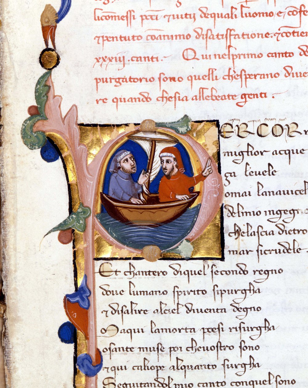 Dante Alighieri: Divina Commedia (Divina Comedia) incipit del Purgatorio. Dante y Virgilio. Manuscrito del siglo XIV. Milán, Biblioteca Trivulziana de Unknown artist
