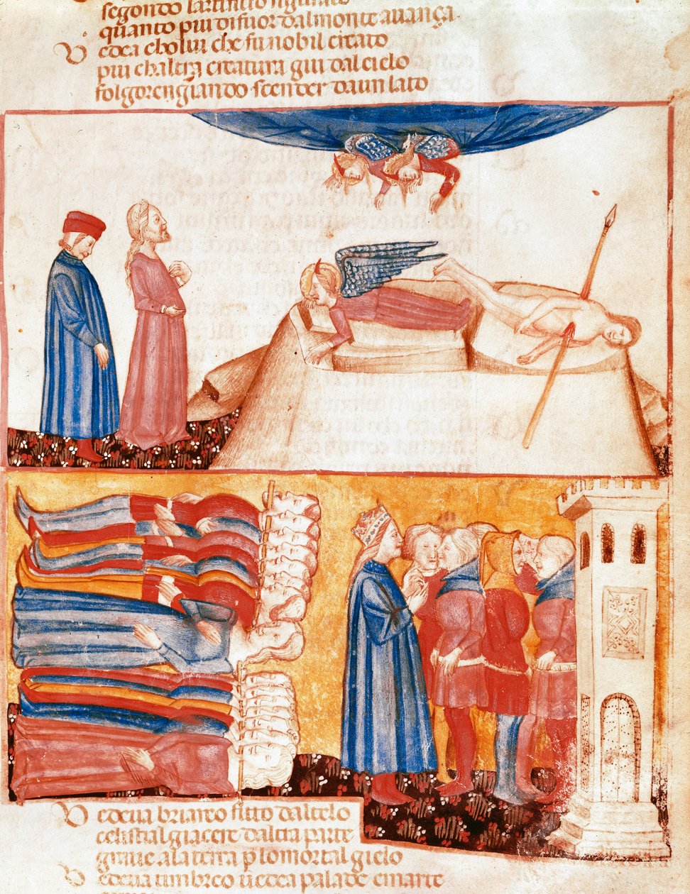 Dante y Virgilio encuentran las almas de los muertos violentamente. Página iluminada que ilustra un canto del Antipurgatorio de la 