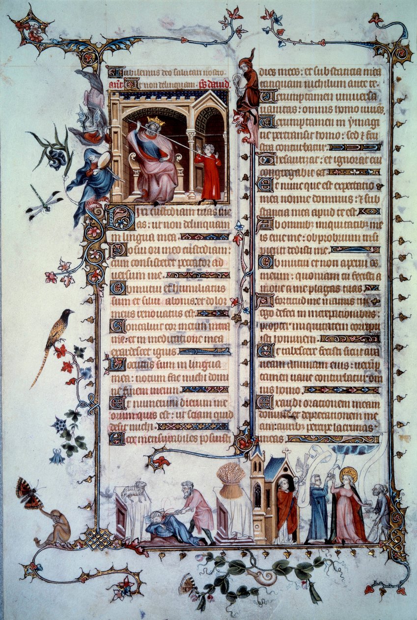 David amenazado por Saúl. Alegoría de la avaricia. Sacramento de la Comunión. Alegoría de la caridad. Miniatura tomada del Salmo 