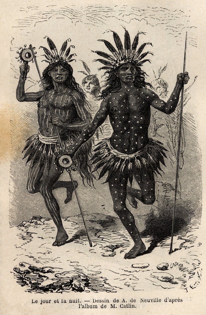 Día y noche, pinturas en el cuerpo de los bailarines de la ceremonia religiosa y expiación, ejecutadas por los jefes y sus compañeros, entre los indios Mandan (o noumah ka kie: faisanes), en la orilla izquierda del Missouri. Grabado para ilustrar una excur de Unknown artist