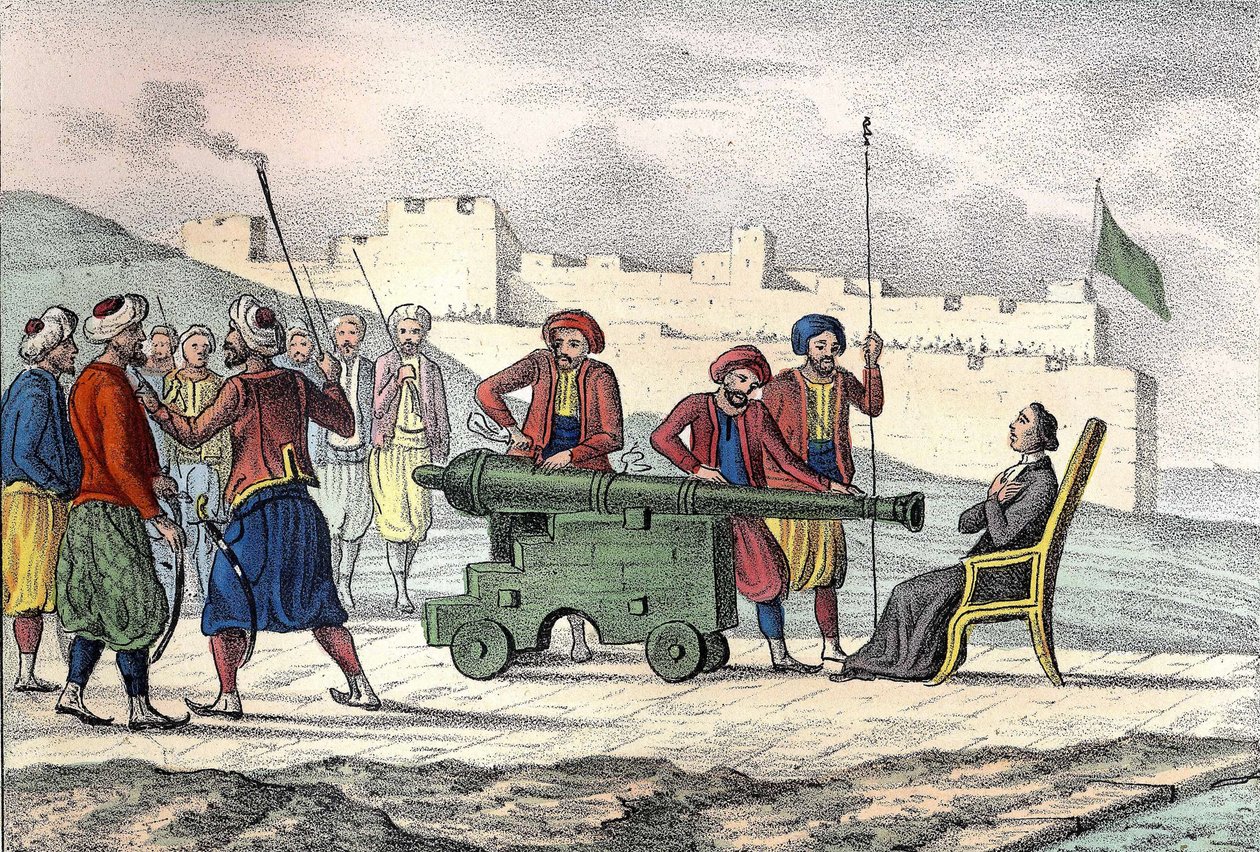 Muerte en Argel en 1683 del Padre LE VACHER (Jean Levacher), misionero francés durante el bombardeo de Argel por Duquesne. En “La Argelia antigua y moderna” por Léon Galibert. Edición italiana en 1846 color de Unknown artist