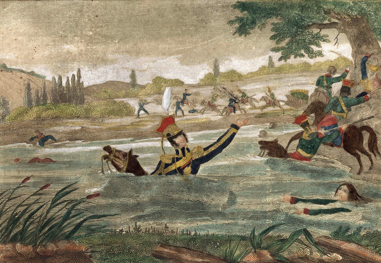 Muerte del Príncipe Joseph (Jozef) Antoni Poniatowski (nacido en 1763) en el paso del Elster en 1813, grabado de la época de Unknown artist