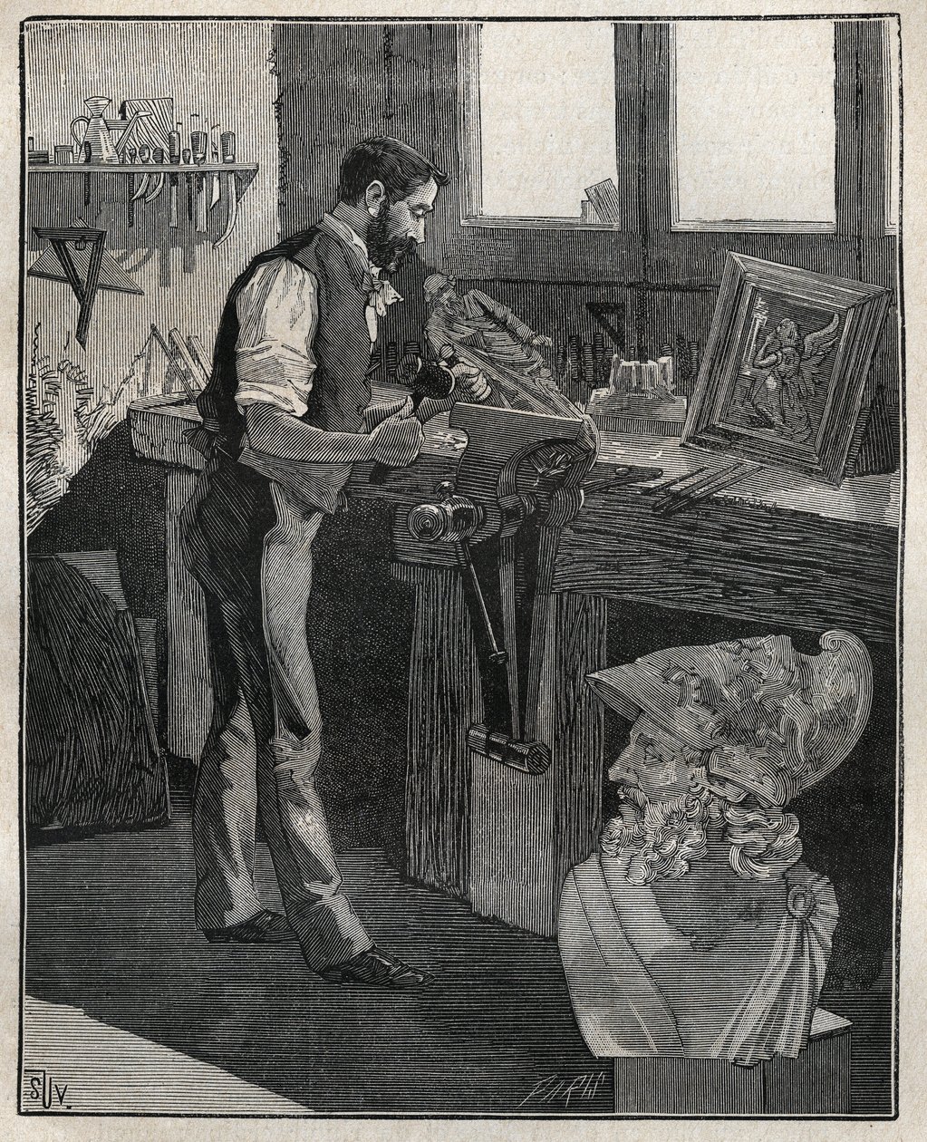 Decoración de platería: cincelador de bronce. Grabado de 1885 en “Les arts et métiers illustrés” de Adolphe Bitard. de Unknown artist