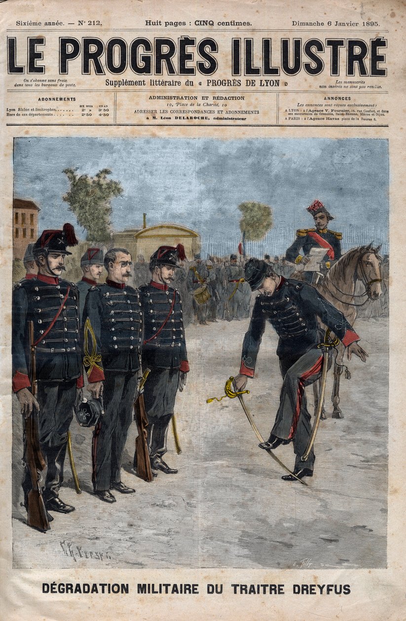 Degradación de Alfred Dreyfus - Caso Dreyfus: La degradación de Alfred Dreyfus en el patio de la Escuela Militar, París, 5 de enero de 1895 - Grabado en El progreso ilustre de 1895 de Unknown artist