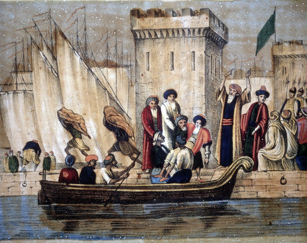 Partida de los moros de Argel, tras la colonización francesa, un anciano o enfermo es cargado en un barco. Siglo XIX de Unknown artist