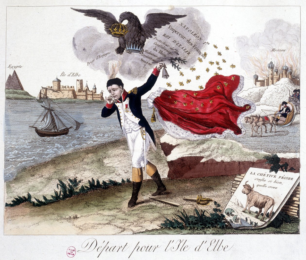 Partida a la isla de Elba: Napoleón sosteniendo una campana, un águila imperial arriba recordándole sus títulos, Moscú en llamas al fondo, y en primer plano: Fábula de Lafontaine: "la rana que quería ser más grande que el buey" de Unknown artist