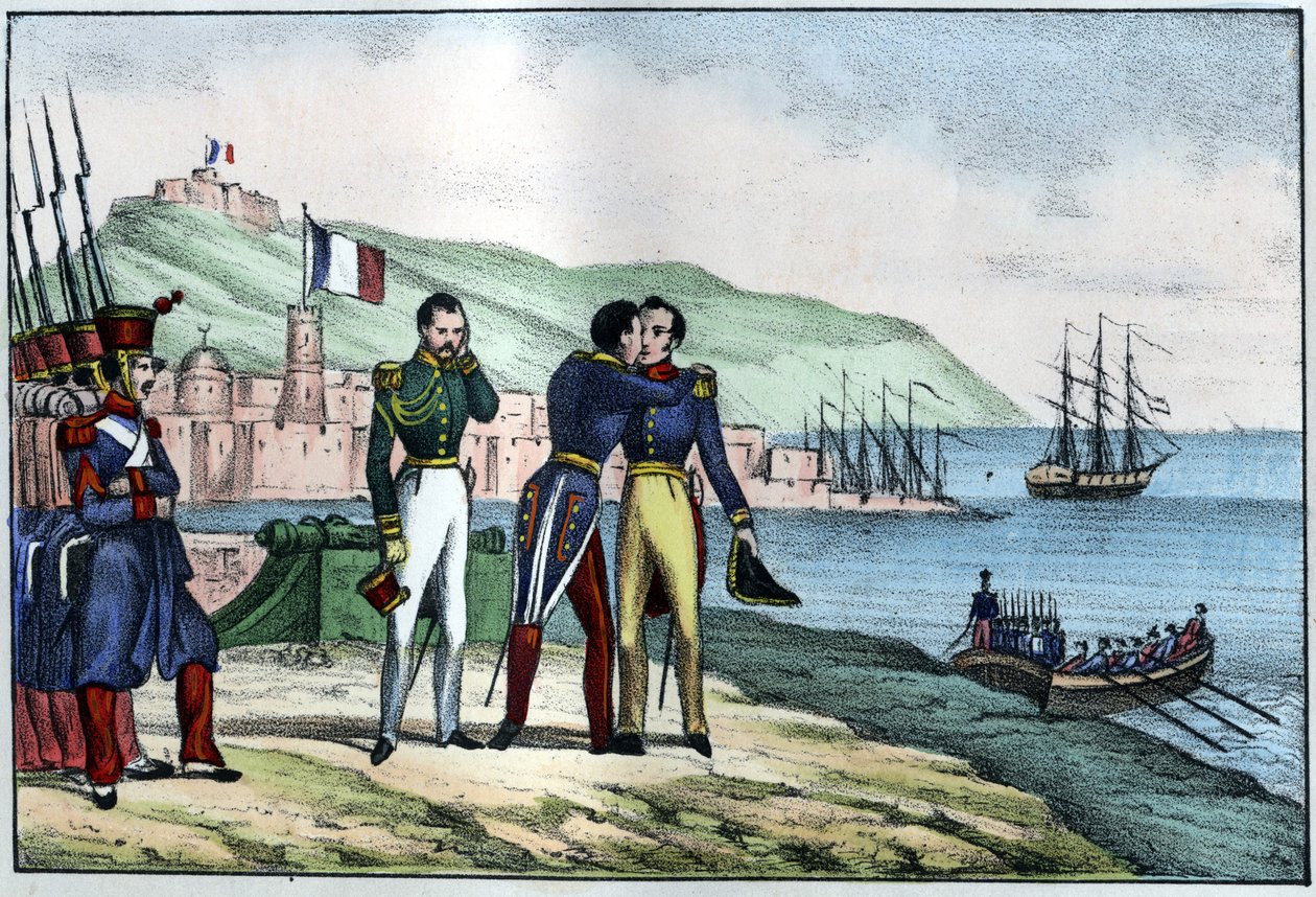 Salida de Louis Auguste, Conde de Bourmont (Mariscal de Bourmont) (1773-1846) de Argelia en 1830. En “La Argelia antigua y moderna” por Léon Galibert. Edición italiana en 1846 color de Unknown artist