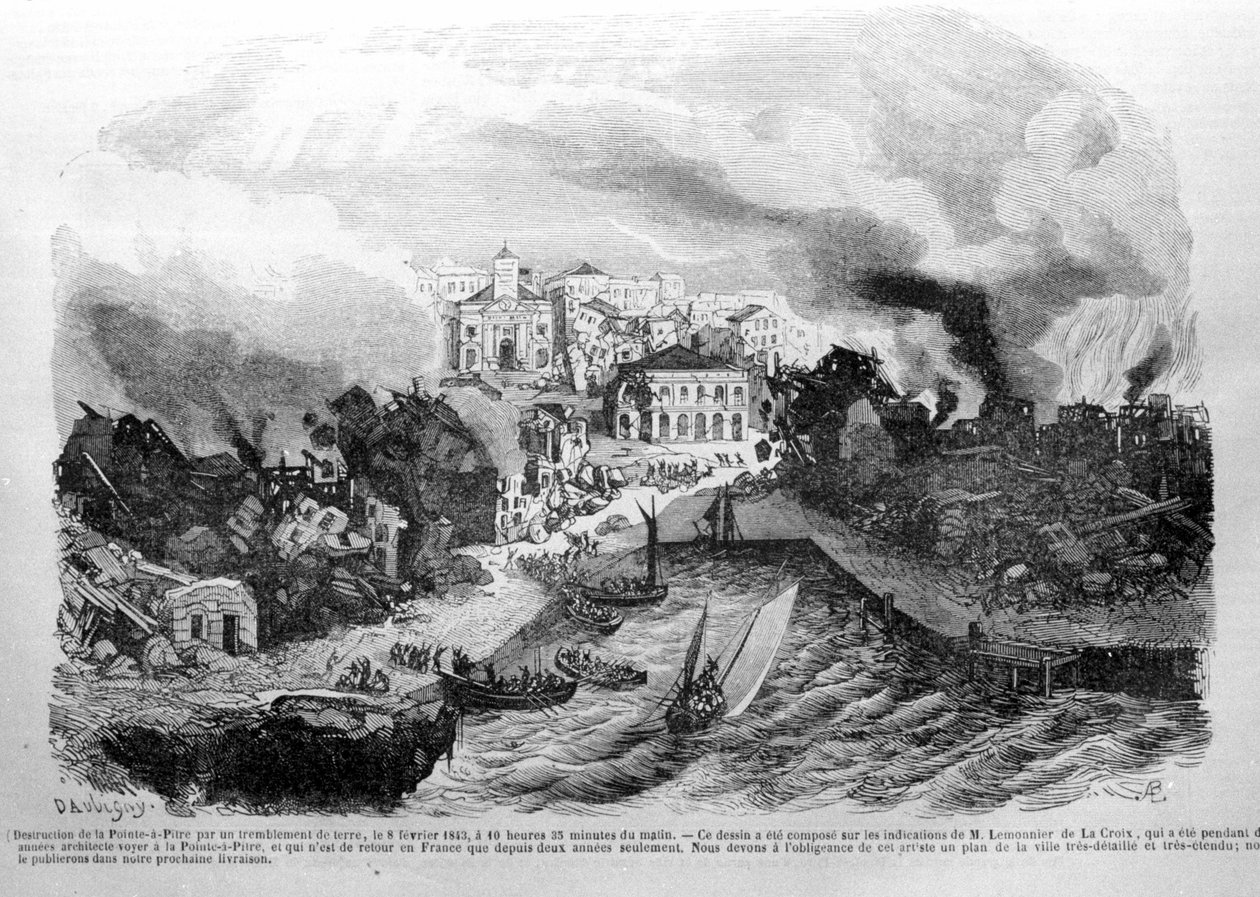 Destrucción de Pointe-à-Pitre (Guadalupe) por un terremoto el 08/02/1843. Grabado 1843. de Unknown artist