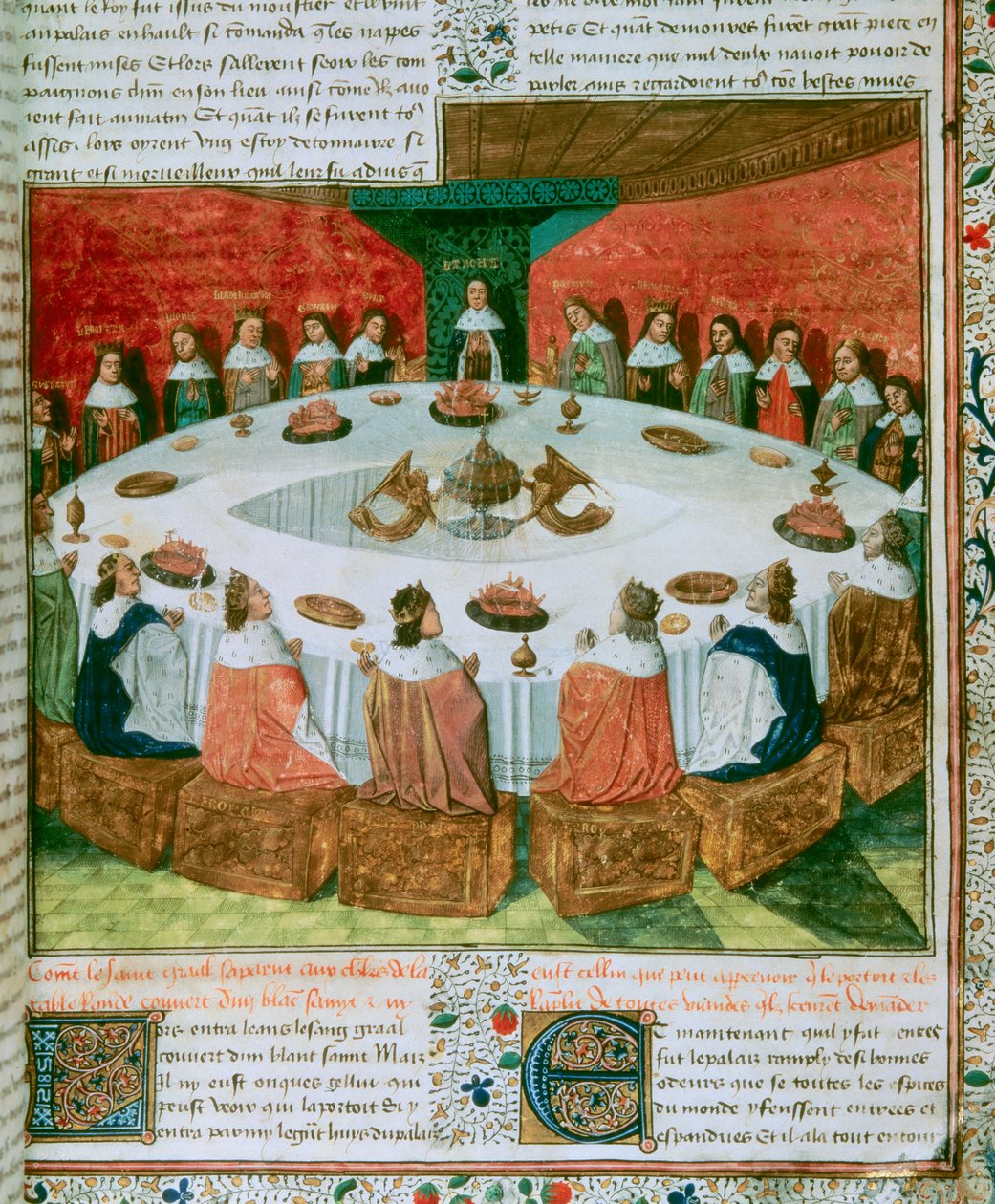 (detalle) El Rey Arturo y los Caballeros de la Mesa Redonda asistiendo a la Aparición del Santo Grial. Iluminación que ilustra un manuscrito de la 