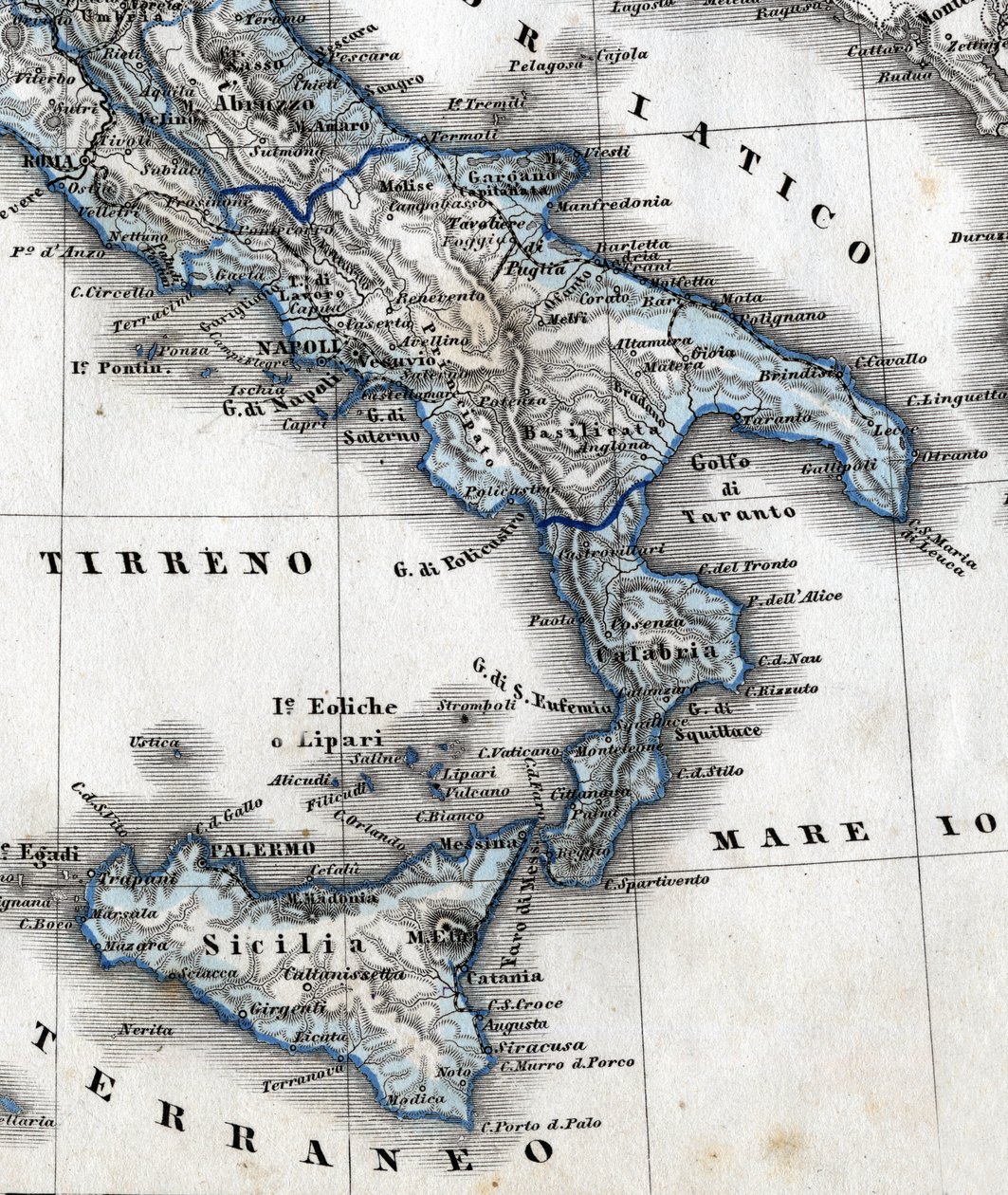 Detalle de un mapa geográfico que representa el sur de Italia (regiones de Campania, Calabria, Sicilia, Puglia, Molise y Abruzzo). Siglo XIX de Unknown artist