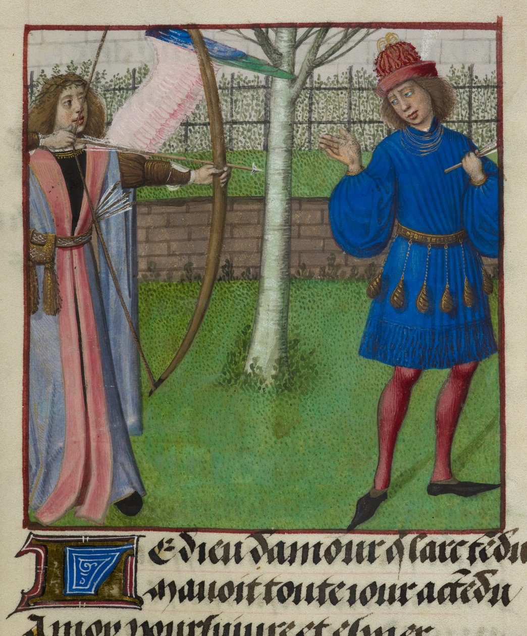 Detalle de una miniatura de Amour (Amor) apuntando al Amante con arco y flecha, de "Le Roman de la Rose". de Unknown artist