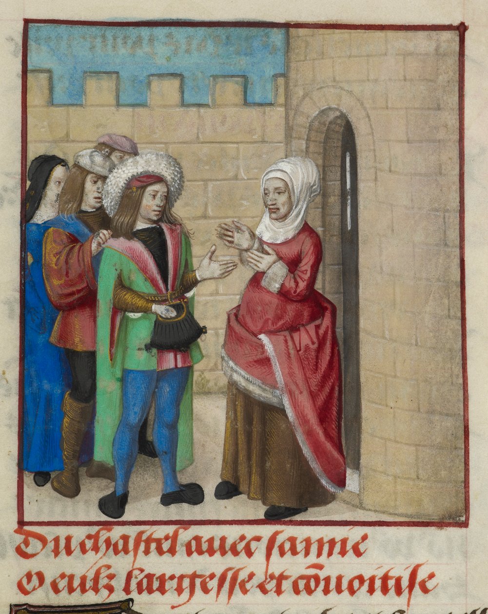 Detalle de una miniatura de Convoitise (Codicia) y Largesse (Generosidad) entrando en el castillo, de "Le Roman de la Rose". de Unknown artist