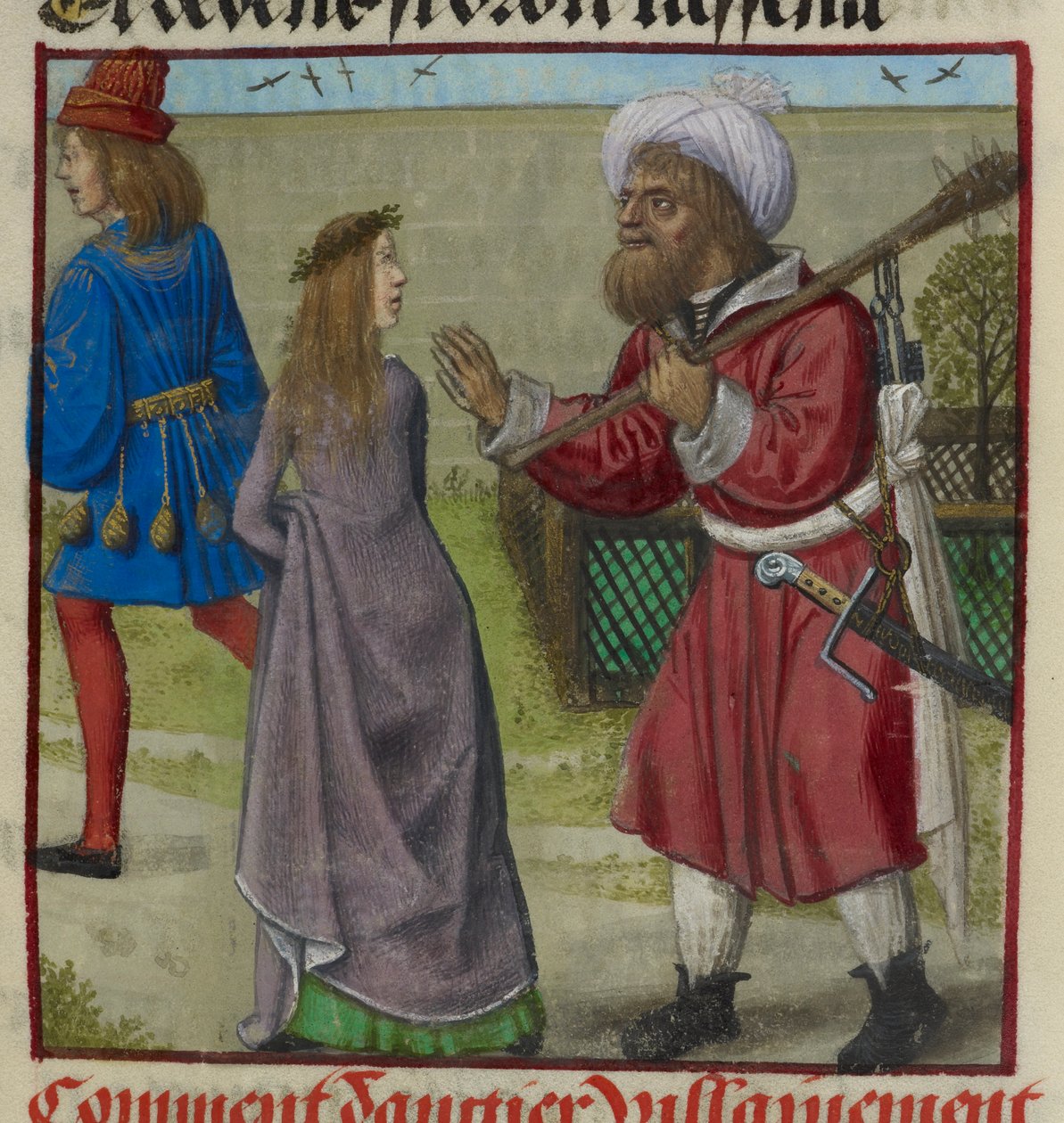 Detalle de una miniatura de Peligro expulsando al Amante y a Bel Accueil (Bella Bienvenida) del jardín, de "Le Roman de la Rose". de Unknown artist