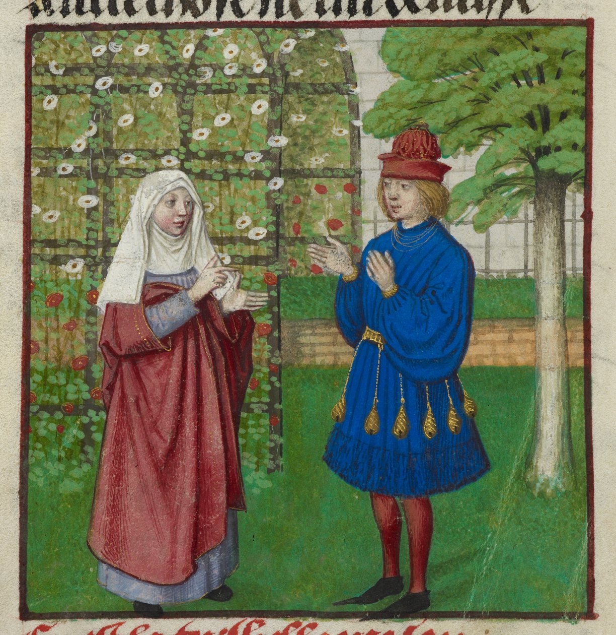 Detalle de una miniatura de Raison (Razón) aconsejando al Amante de "Le Roman de la Rose". de Unknown artist