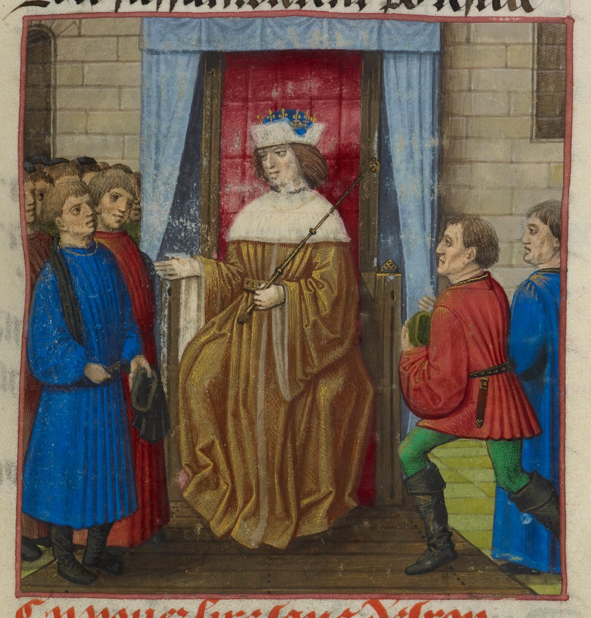 Detalle de una miniatura de un rey y su corte, de "Le Roman de la Rose". de Unknown artist