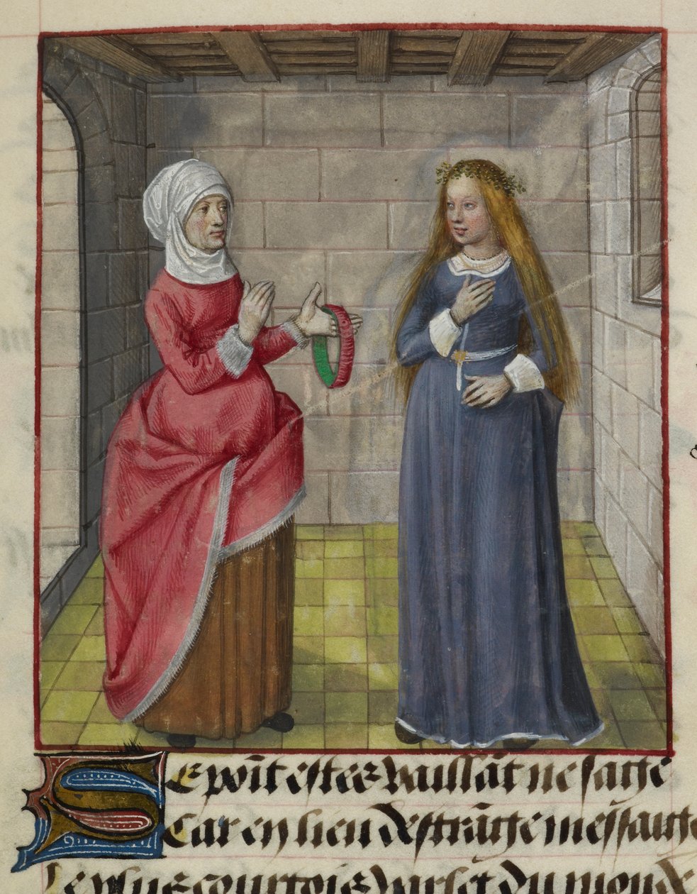 Detalle de una miniatura de la Vieille (la Dueña) y Bel Accueil (Bella Bienvenida), de "Le Roman de la Rose". de Unknown artist