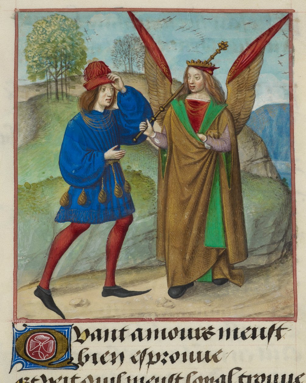 Detalle de una miniatura del Amante y Amour (Amor), de "Le Roman de la Rose". de Unknown artist