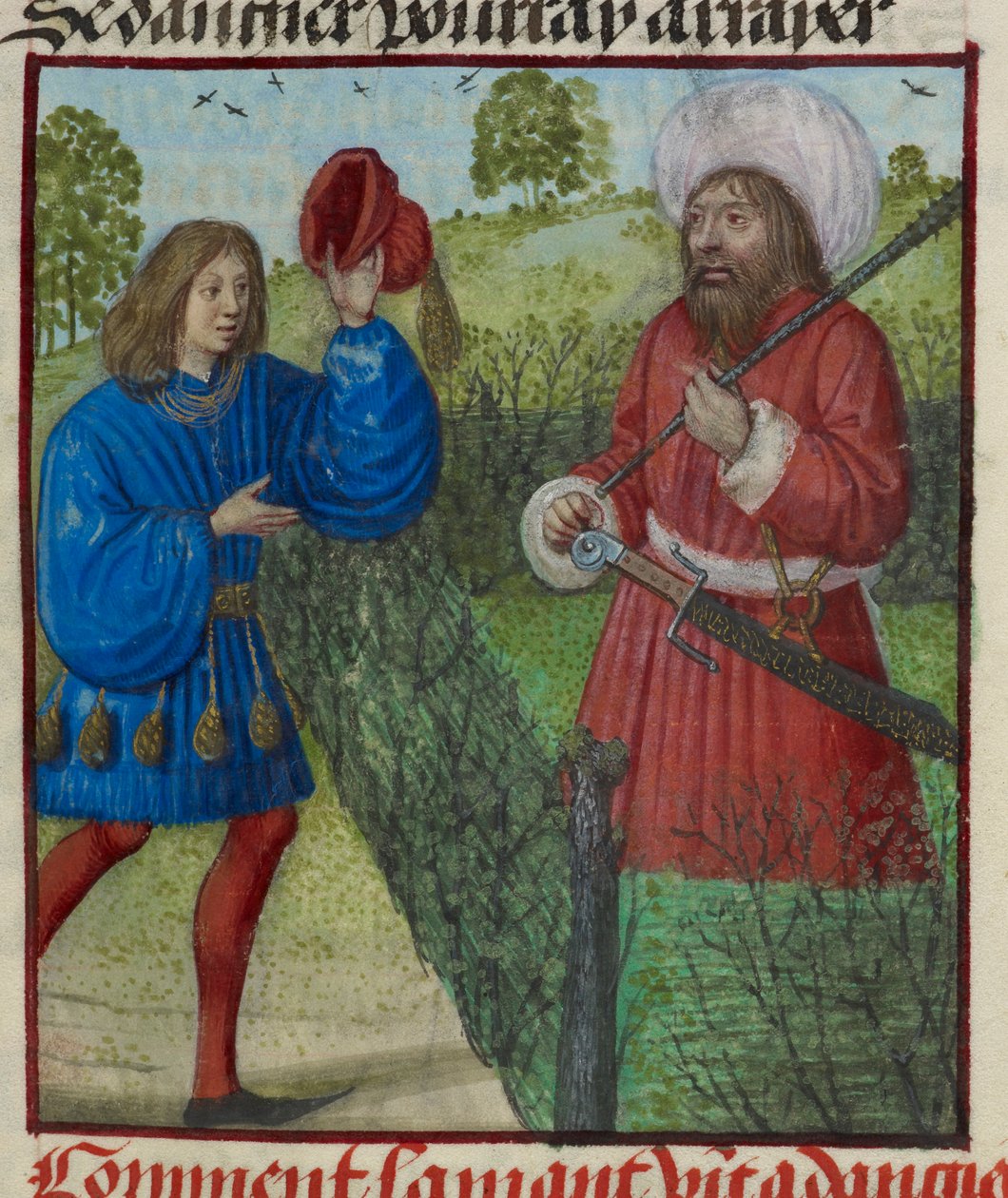 Detalle de una miniatura del Amante saludando al Peligro, de "Le Roman de la Rose". de Unknown artist