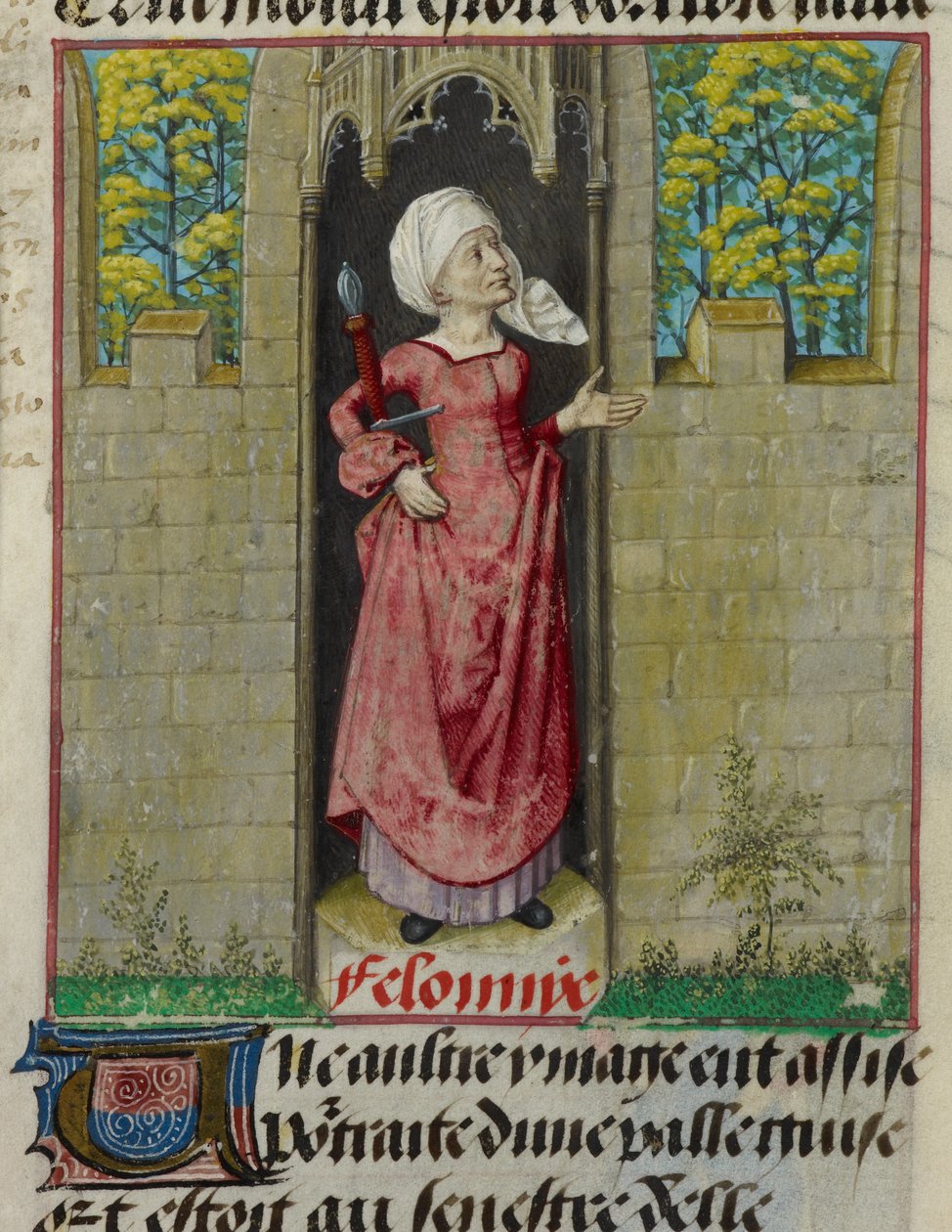 Detalle de una miniatura de la figura alegórica de Feloniye (Crimen), en la primera columna del folio, de "Le Roman de la Rose". de Unknown artist