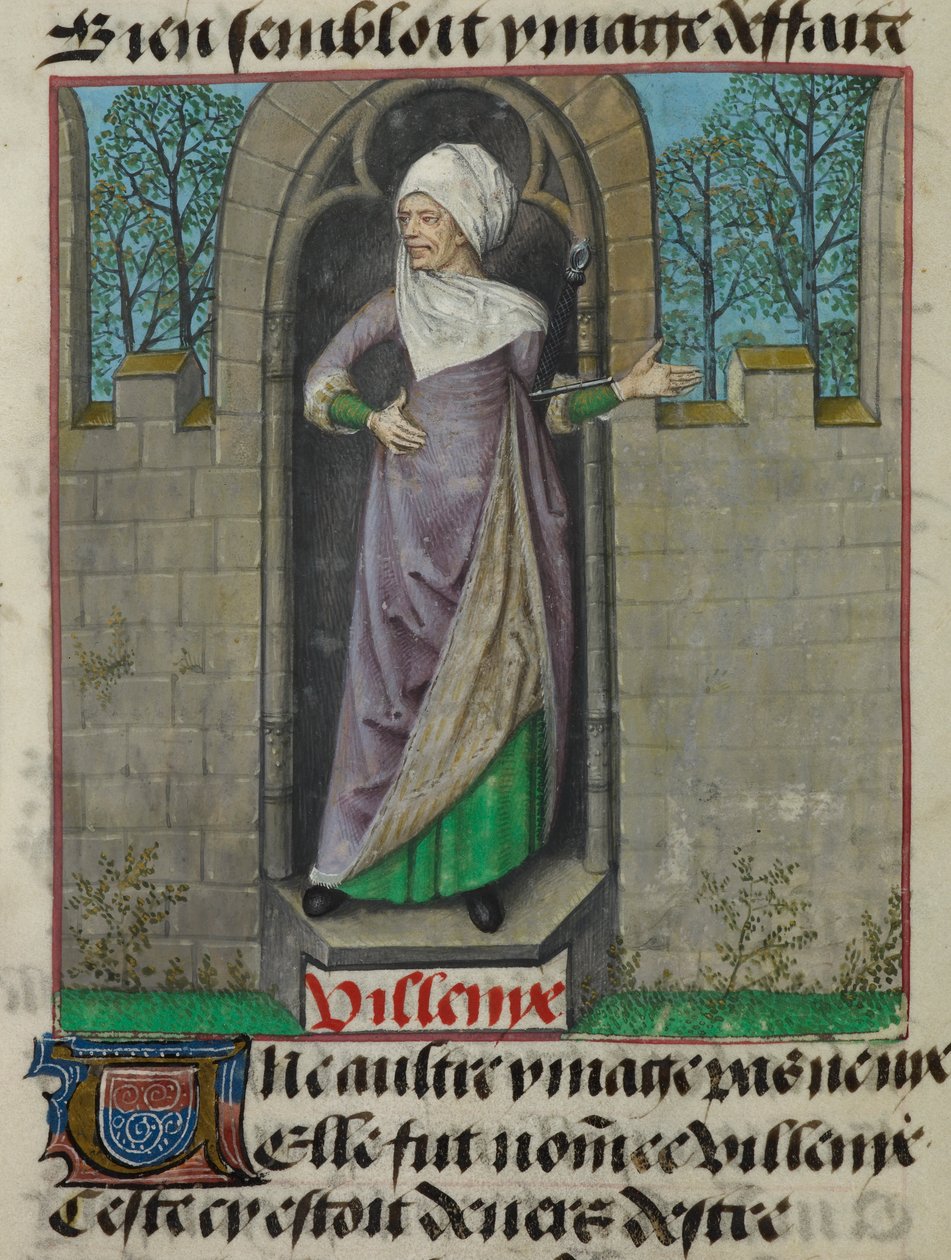 Detalle de una miniatura de la figura alegórica de Vilenie (Villanía), en la segunda columna del folio, de "Le Roman de la Rose". de Unknown artist