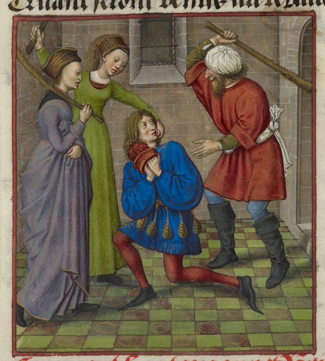 Detalle de una miniatura que muestra a Honte, Peur y Danger atacando al Amante, de "Le Roman de la Rose". de Unknown artist
