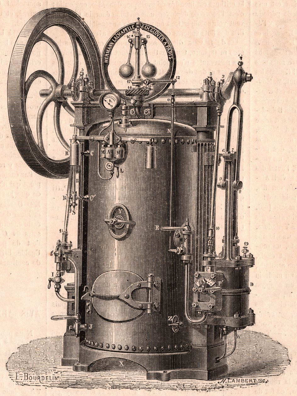 Vista técnica detallada de una pequeña máquina de vapor producida en París en 1866: caldera, cilindro, pistón, biela y volante de Unknown