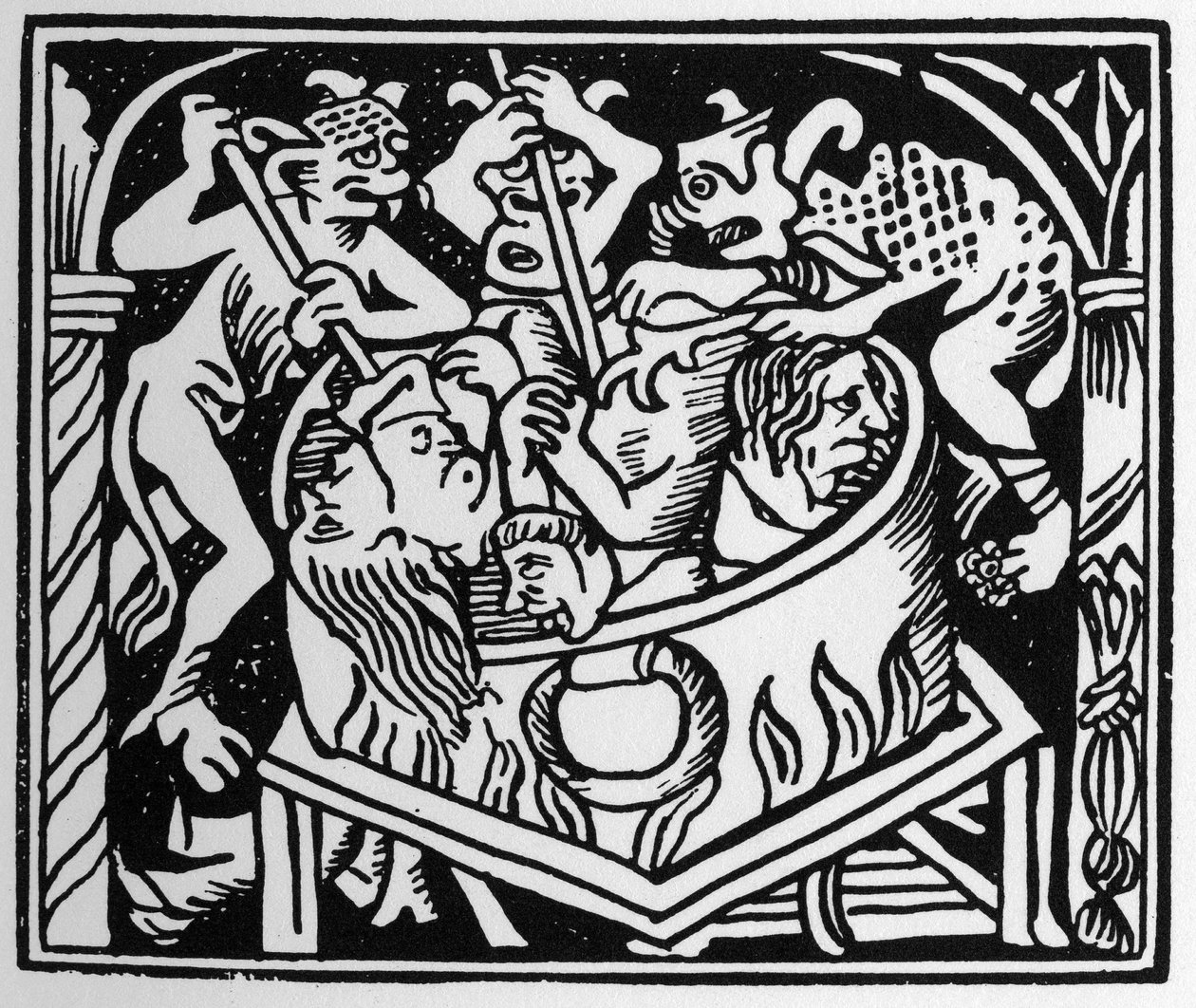 Demonios atormentando a los lujuriosos en un pozo de fuego y azufre - en Grand Calendrier et Compost des Bergers, Lyon de Unknown artist