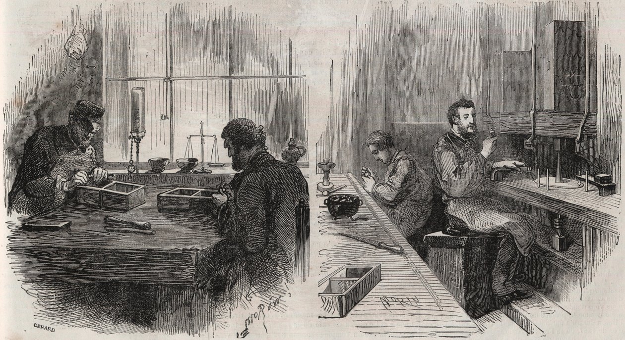 Corte de diamantes en un taller en los Países Bajos: cortadores y pulidores - Grabado en “Le Monde Illustré” de Unknown artist