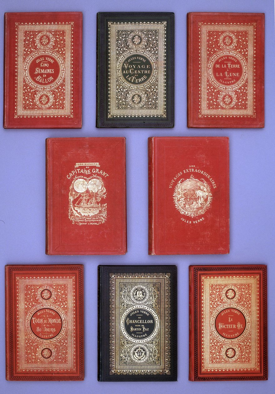 Diferentes portadas de los libros de Julio Verne publicados en las ediciones Hetzel. Colección de la biblioteca Verne. París de Unknown artist