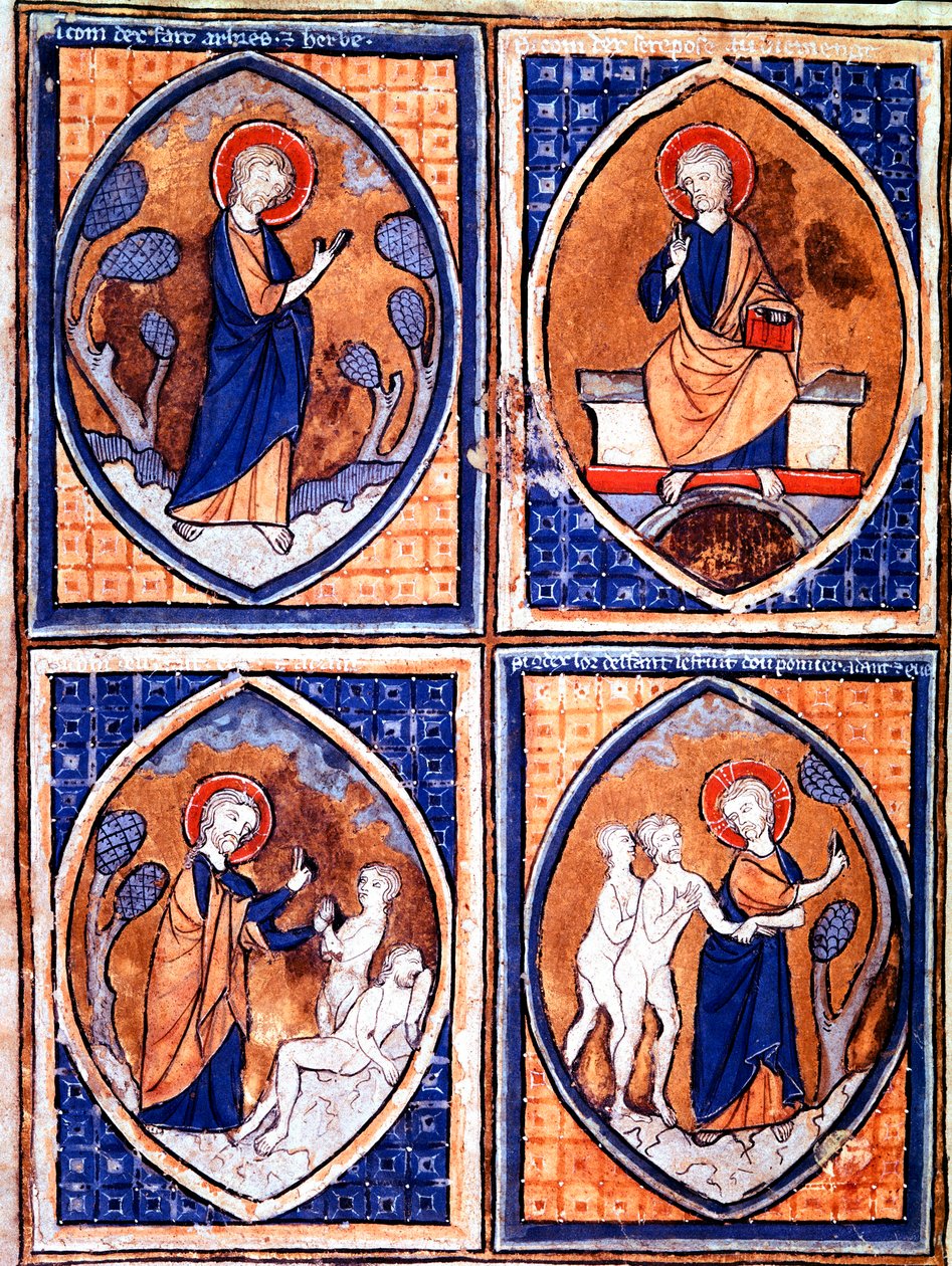 Diferentes etapas de la Creación del Mundo representadas en mandorlas. Miniatura de un manuscrito del siglo XIII. Porto, Biblioteca Municipal de Unknown artist