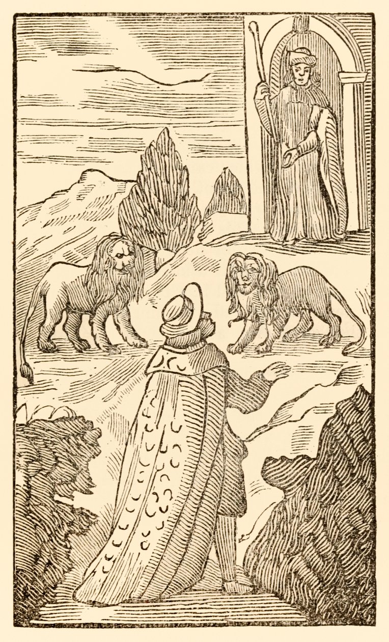 La dificultad está detrás, el miedo está delante de El progreso del peregrino de este mundo, al que está por venir de John Bunyan (1628-1688) El cristiano pasa entre los leones mientras el portero vigilante observa de Unknown