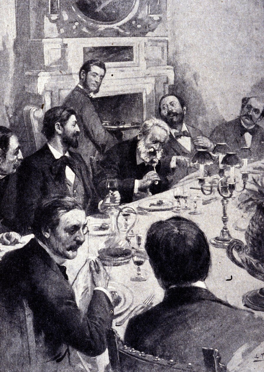 Cena en la mesa de Victor Hugo con Jean Mounet-Sully (1841 - 1916), actor francés. Grabado del siglo XIX de Unknown artist