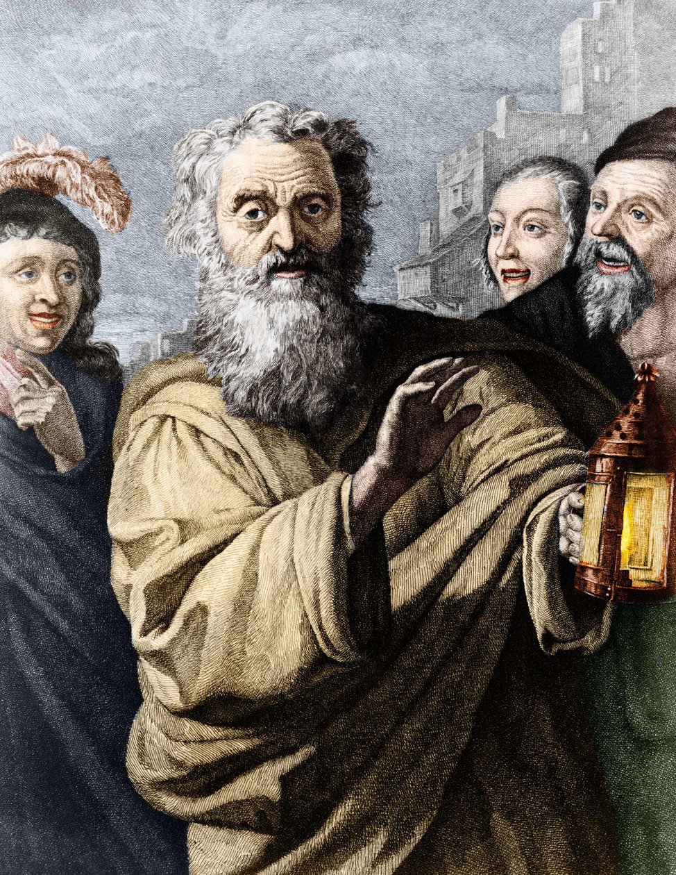 Diógenes (filósofo cínico) y su linterna, con la que buscaba un hombre honesto. Grabado del siglo XIX de Unknown artist