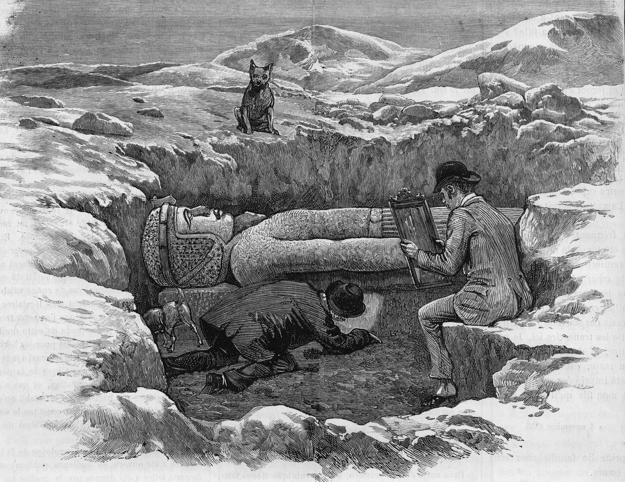 Descubrimiento de la estatua colosal de Ramsés II. Los jeroglíficos se calculan usando una reflexión de espejo. Grabado de 1886 de Unknown artist
