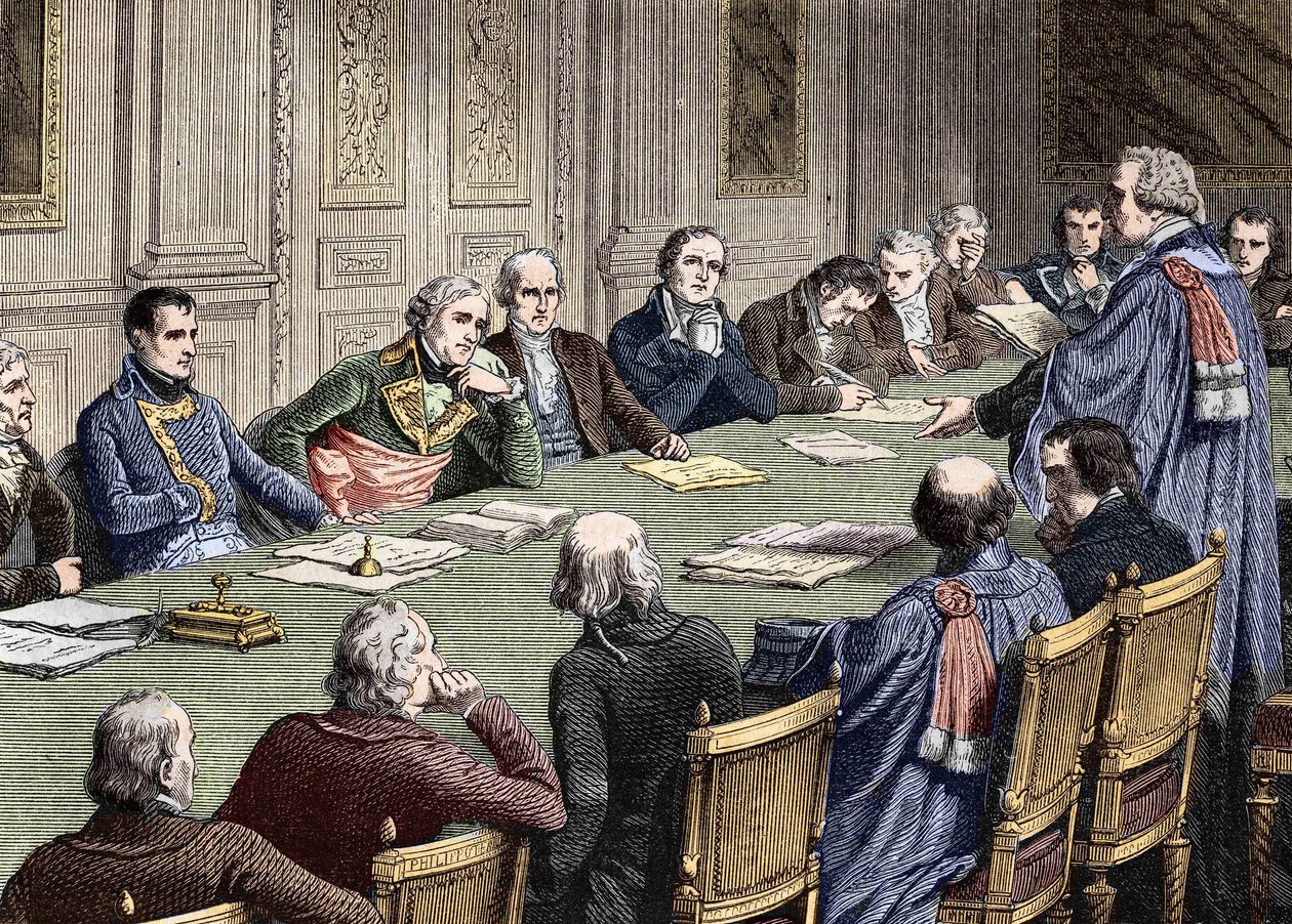 Discusión del Código Civil en el Consejo de Estado (1800-1804), bajo la presidencia del primer cónsul, Napoleón Bonaparte tiene a su izquierda a Jean Jacques Regis de Cambaceres. Grabado del siglo XIX. de Unknown artist