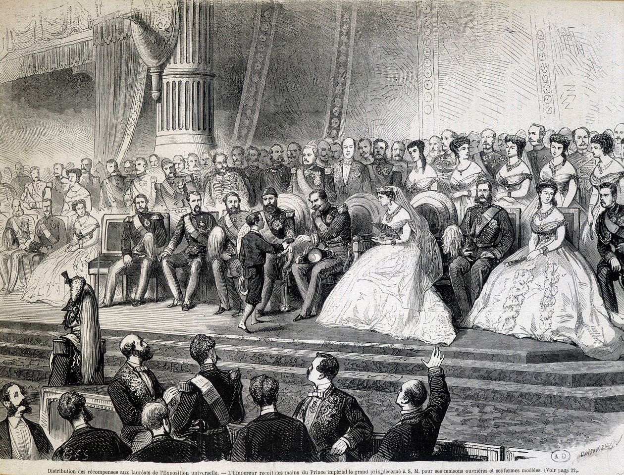 Distribución de premios a los laureados de la Exposición Mundial - El Emperador recibe de su hijo, el Príncipe Imperial, el Gran Premio de sus casas de obreros y granjas modelo de Unknown artist