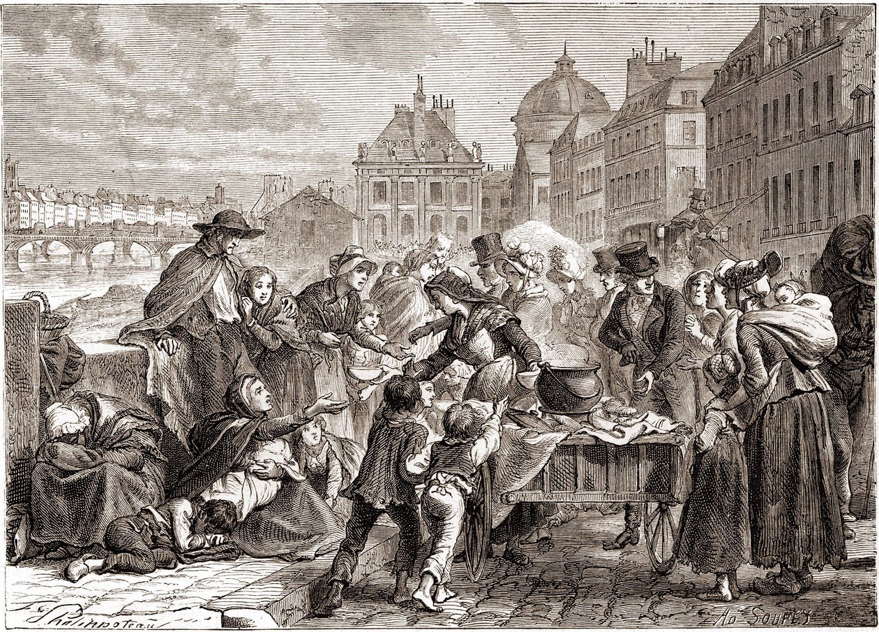 Distribución de alimentos a campesinos hambrientos alrededor de 1820 - en "L
