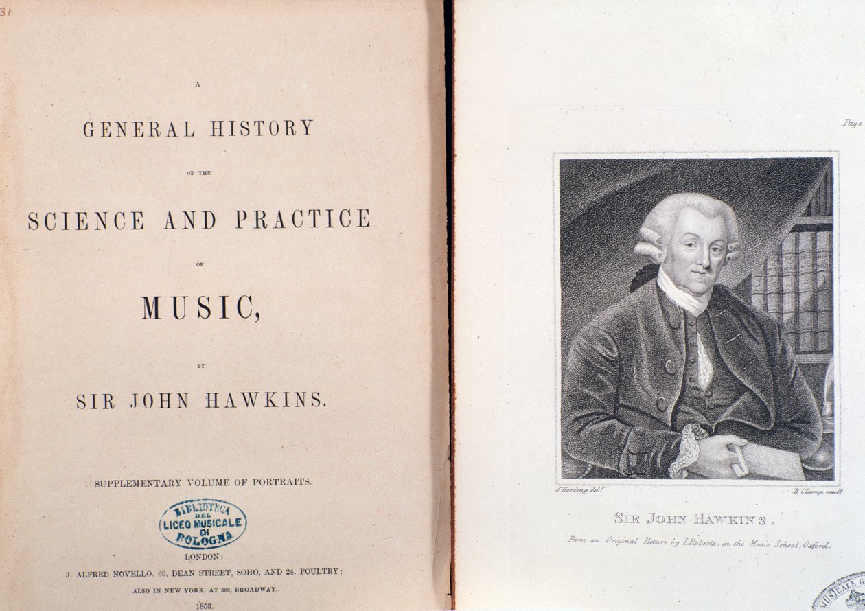 Doble página y frontispicio de Historia General de la Ciencia y la Práctica de la Música de John Hawkins de Unknown artist