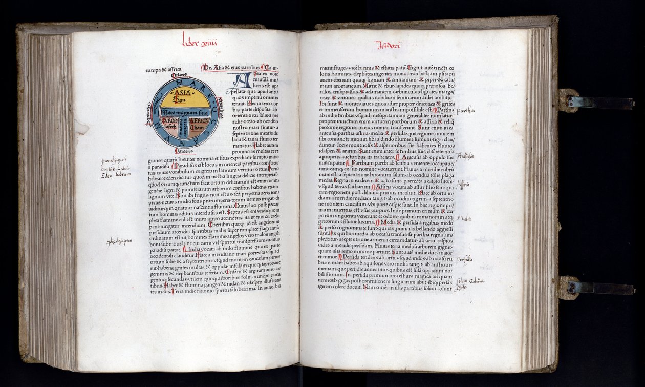 Doble página con el mapa esquemático del mundo en el modelo T-O (T O), se representan tres continentes (Asia, África y Europa). Manuscrito “Etimologías” de Isidoro de Sevilla (560/570-636) siglo XII. 1472 de Unknown artist