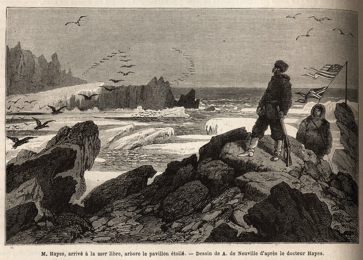 El Dr. Hayes, llega al mar libre del polo Ártico, el propósito de su expedición, planta la bandera estrellada americana. Grabado para ilustrar el viaje al mar libre del polo Ártico, por el Doctor Hayes, cirujano de la Marina de los Estados Unidos, en 1860- de Unknown artist