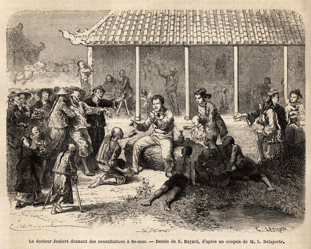 El Dr. Joubert dando consultas en Se-Mao (China), después de curar a un soldado gravemente herido, toda la población de la ciudad invade el patio de la vivienda del equipo de exploración con la esperanza de recibir tratamiento, la mayoría de ellos sufren d de Unknown artist