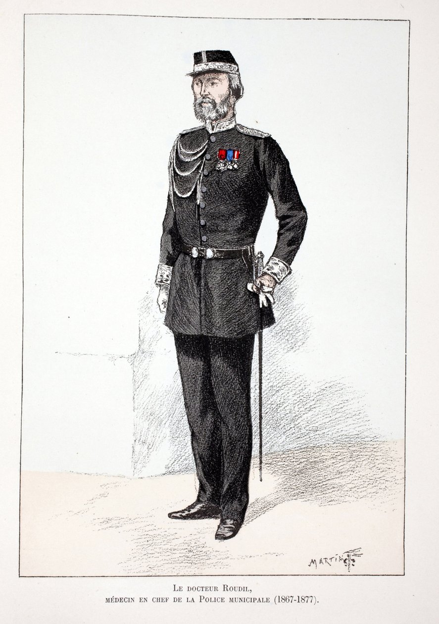 Dr. Roudil, jefe médico de la policía municipal (1867-1877). Ilustración de “Histoire du corps des gardiens de la paix” libro publicado bajo los auspicios de Louis Lepine (1846-1933), prefecto de policía de la Seine de Unknown artist