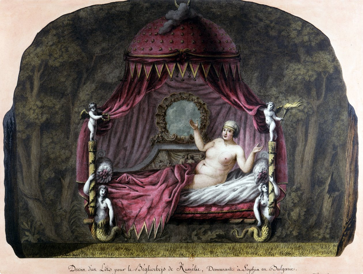 Dibujo de una cama para el bey de Rumelia, residente en Sofía, Bulgaria. Una mujer desnuda lo invita a unirse a ella. J. J. Lepreu de Unknown artist