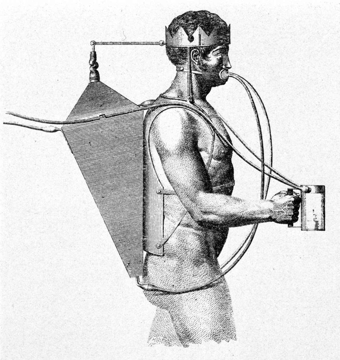 Proyecto de escafandro de Drieberg de 1802, conocido como el tritón. El aire entra directamente en la boca del hombre. de Unknown artist