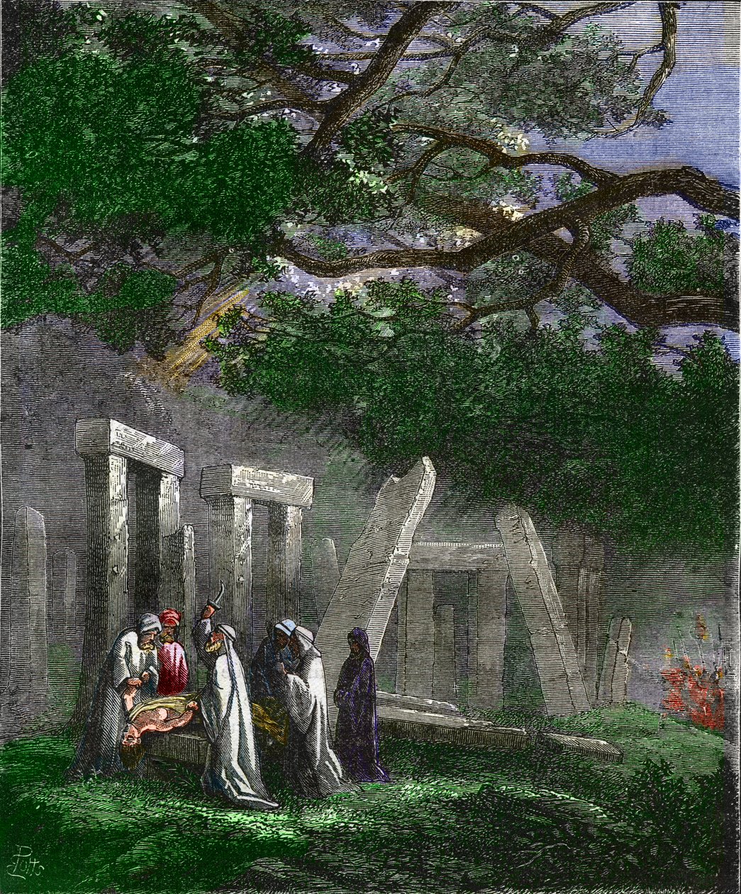 Druidas practicando un sacrificio humano en Stonehenge detenidos por soldados romanos - Sacrificio humano por los druidas en Stonehenge detenidos por los soldados romanos durante el ritual - Grabado coloreado del siglo XIX de Unknown artist