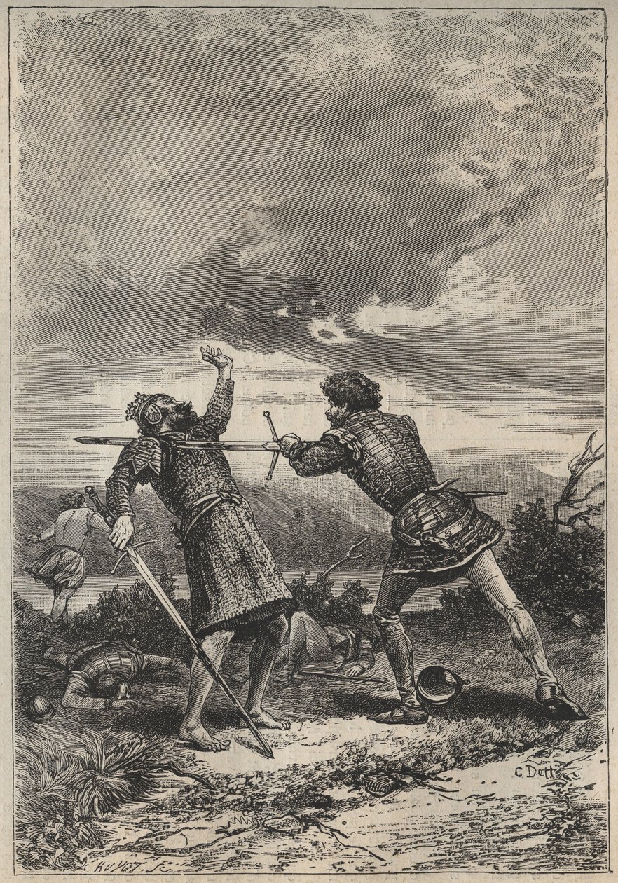 Duelo y muerte de Oak Torquil - ilustración del siglo XIX para la novela histórica 