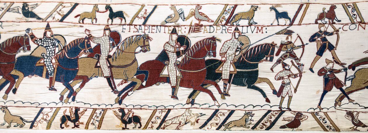 El duque Guillermo anima a sus tropas a prepararse para la batalla contra el ejército inglés, Tapiz de Bayeux de Unknown artist
