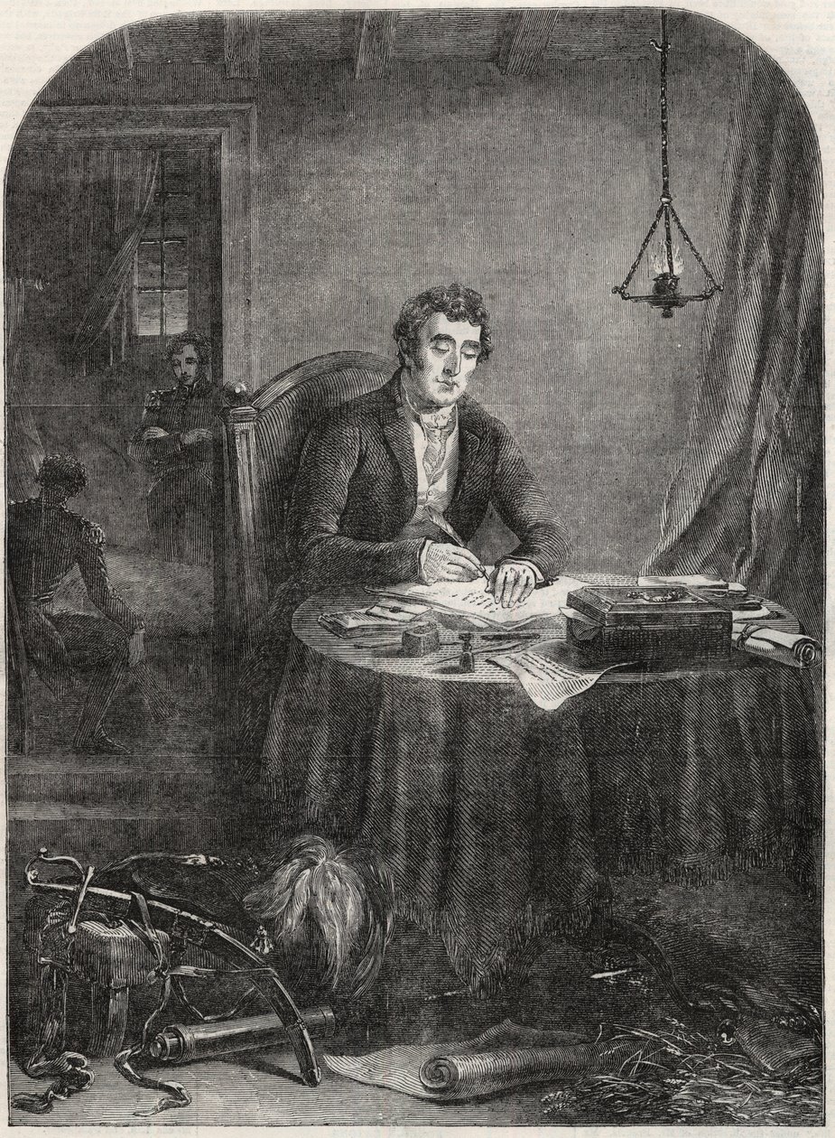 El duque de Wellington (Arthur Wellesley (1769-1852)) escribiendo un despacho después de Waterloo, 19 de junio de 1815 - grabado de 1852 de Unknown artist